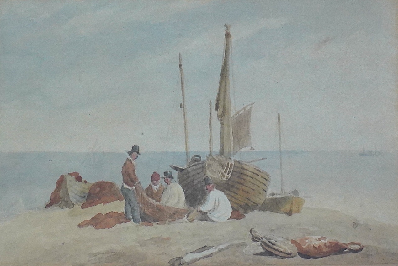 Frederick Nash (British, 1782-1856), Fishermen and boats on Brighton beach, watercolours, a pair, 16.5 x 25cm